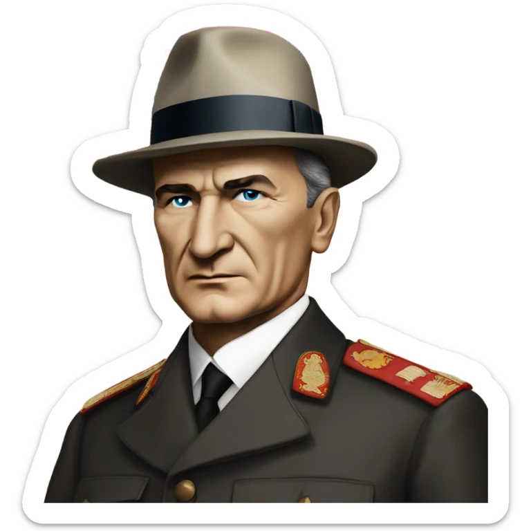 a portrait of mustafa kemal ataturk with blue eyes looking at turkey flag sticker