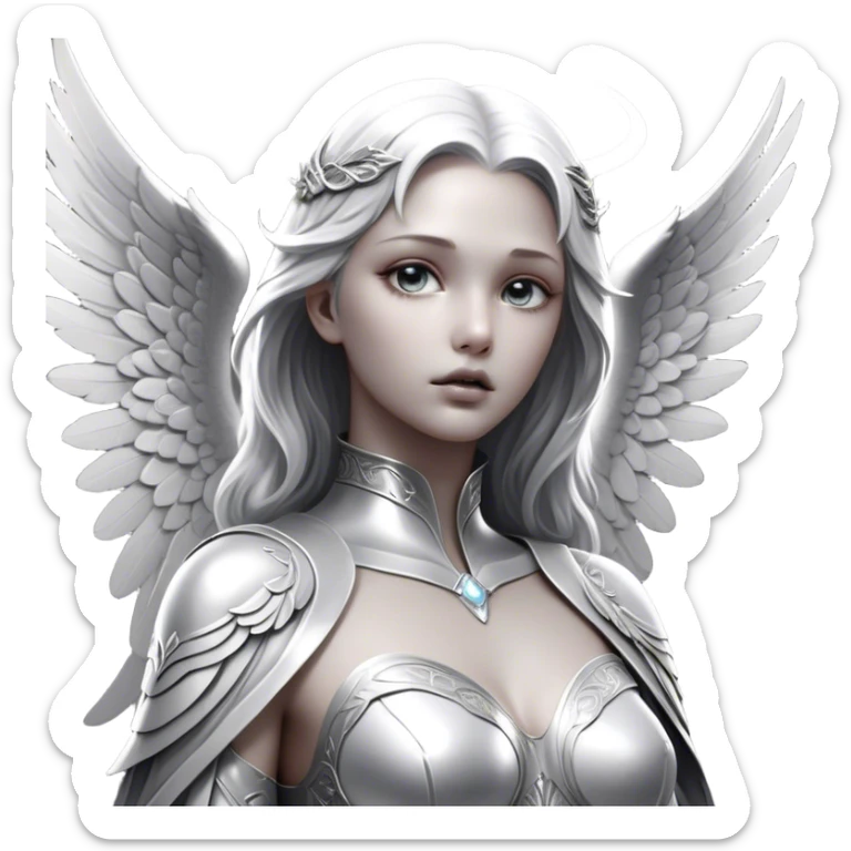 Cinematic Angel, Ultra realistic 32k HD, Breathtaking piece of art, rim lighting, hauntingly beautiful art, mostly greyscale, Balanced features, highly detailed digital artwork, glowing with silver light, glowing, high shine, deviant adoptable, highly detailed clothing, remembrance, a painting of white silver, fanciful, enchanting, ghostly, embodying the essence of both reality and fantasy, dreamy, dreamy glow, optical illusion, immaculate composition, complex pose, air composition. The image is so lifelike that it feels as though it could leap off the canvas at any moment sticker
