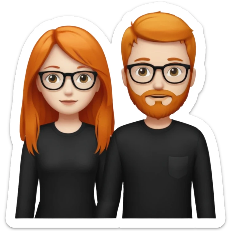 girl with long orange hair wearing no glasses and all black clothes and holding hands with boy with black hair and beard and glasses and pale skin sticker