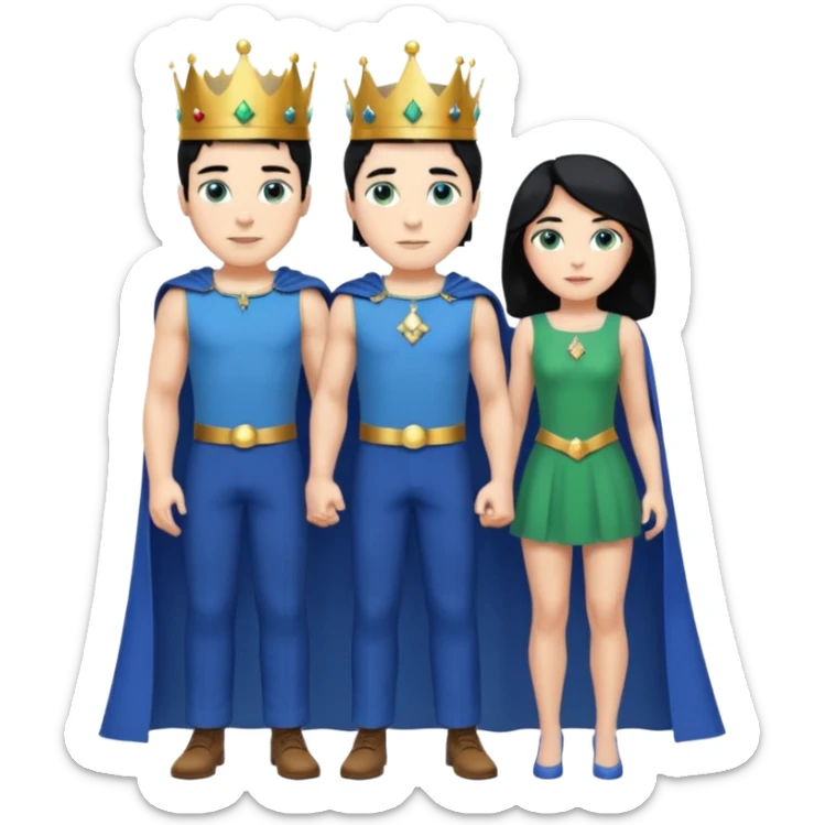 Prince with crown, blue cape and trousers, body and legs, black hair, blue eyes, woman blonde hair, green eyes, sexy white short sleveless dress,  sticker