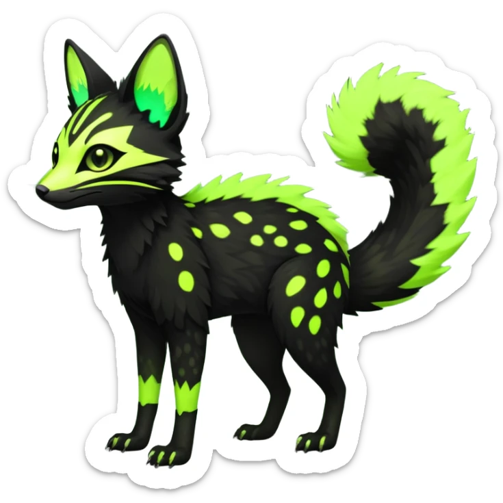 Rare realistic black edgy toxic radioactive-themed black fur with neon-lime-green-glowing  epic handsome gorgeous aesthetic vibrant Vernid-Trico-Genet-species-hybrid-Fakemon-creature by LiLaiRa, 4 legs, 1 tail, random markings, (full body) sticker
