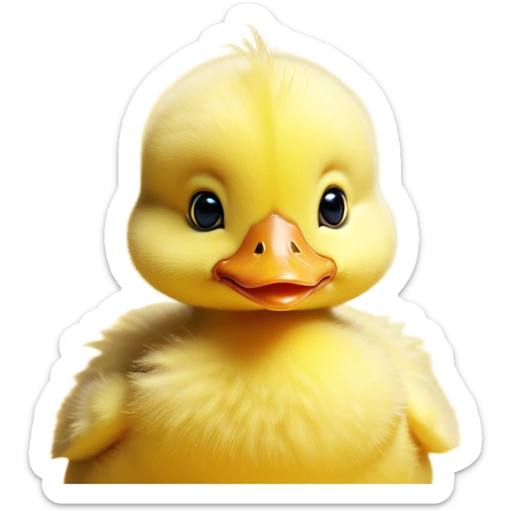 Cinematic Cute Yellow Baby Duck Portrait Emoji, Head tilted playfully and inquisitively, featuring a fluffy, vibrant yellow downy coat with a tiny delicate beak, round, sparkling eyes filled with curiosity, Simplified yet irresistibly adorable features, highly detailed, glowing with a warm, friendly glow, high shine, affectionate and spirited, stylized with a touch of playful whimsy, bright and endearing, soft glowing outline, capturing the essence of a mischievous yet loving duckling, so playful it feels like it could peep out of the screen and into your arms! sticker