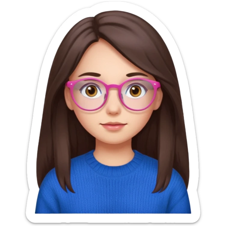 brunette girl whit blue sweater, long hair, brown eyes, pink eyeglasses  sticker