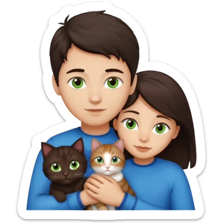 Crea un emoji donde salga un chico de pelo moreno con los ojos claros, una chica de pelo morena con los ojos marrones y UN gato europeo comun de pelaje oscuro y ojos verde claro, quiero que se esten abrazando el chico y la chica, y el gato este en el medio de los dos sticker