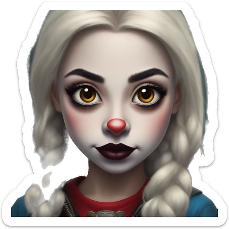 Gnome Jasmine in Harley Quinn style, oil paint, mysterious eyes, intricate lips, masterpiece portrait, odd perspective, beautiful, desirable, logical sticker