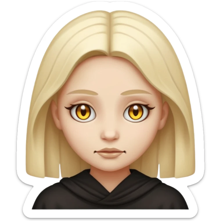 Stylized cult cartoon girl emoji, eerie-cute aesthetic, symmetrical design, subtle spooky vibe, glowing eyes, saying “AMILK”, bold graphic icon sticker