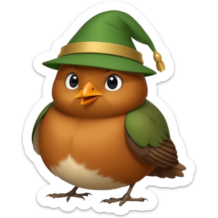 a cute and simple cartoon of a fat robin bird that has a green robin hood hat sticker