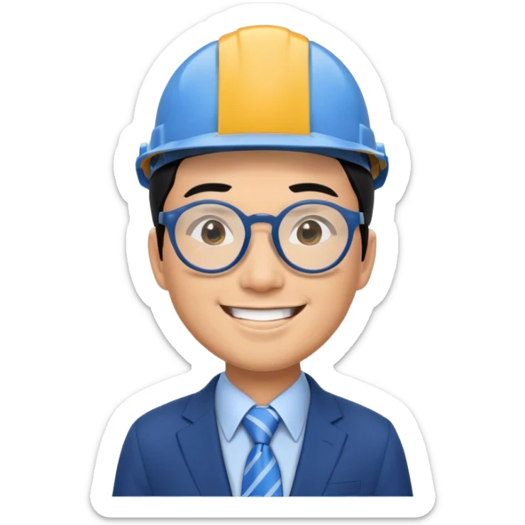Young Business man with Black hair and round Glases, smiling, asian, blaue suit, with tie, in a construction helmet sticker