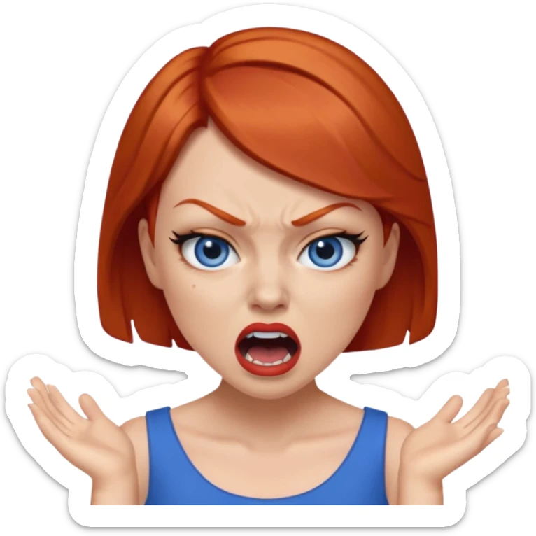 mujer pelirroja con los ojos y los labios maquillados enojada gritando con vestido azul pelo corto sticker