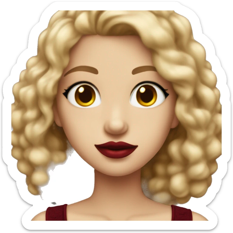 girl wearing a  burgundy corset dark blond boucle hair red lips hazel eyes sticker