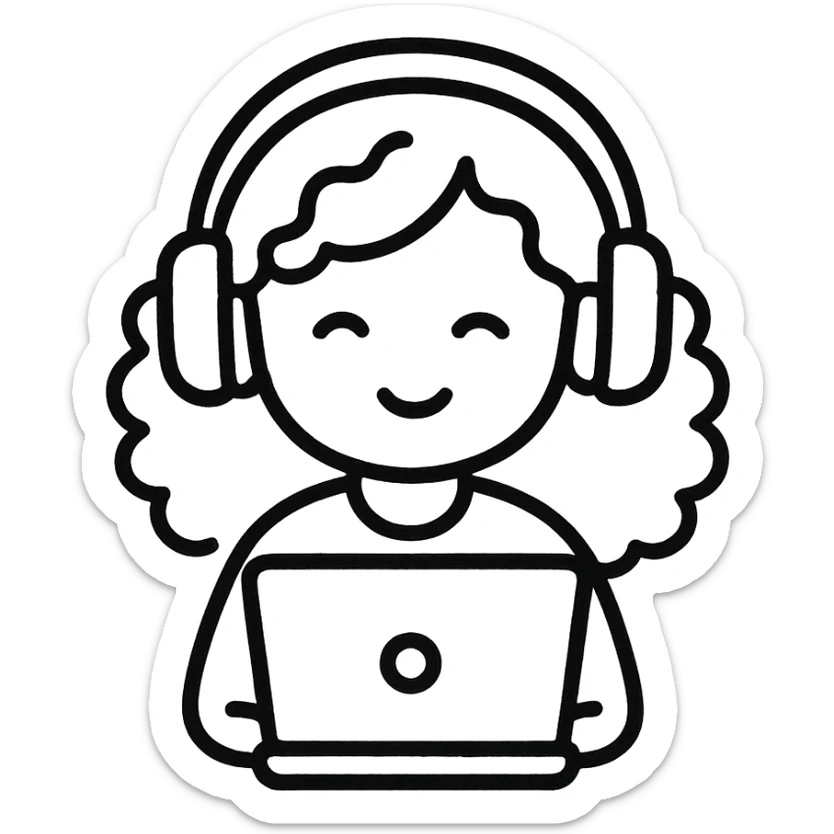 hand drawn outline icon of a curly hair girl with headphones and a laptop sticker