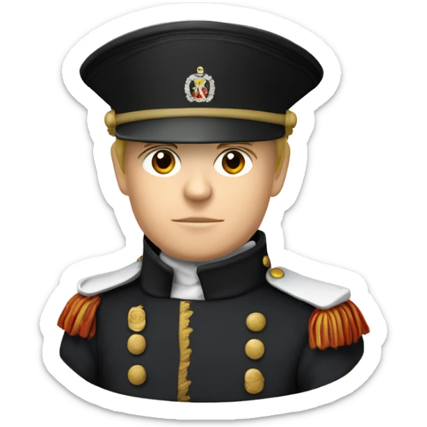 French soldier with white skin of Napoleon era in black cylinder hat and black Napoleon era uniform sticker