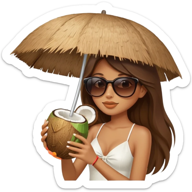 Girl with long brown hair wearing sunglasses and sipping from a coconut elegant sand and white aesthetic umbrella  sticker