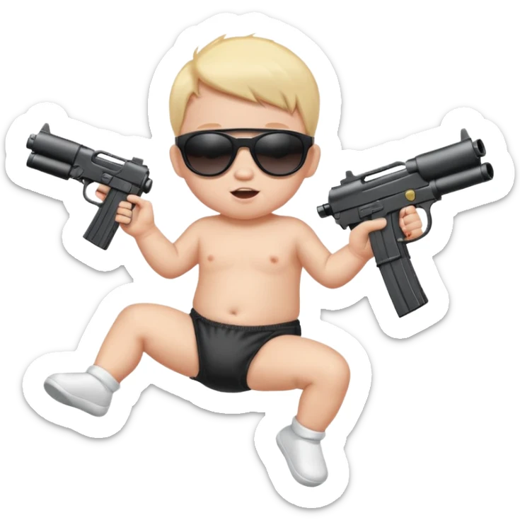 Baby in diaper with black sunglasses shooting machine guns in the air jumping left to right  sticker