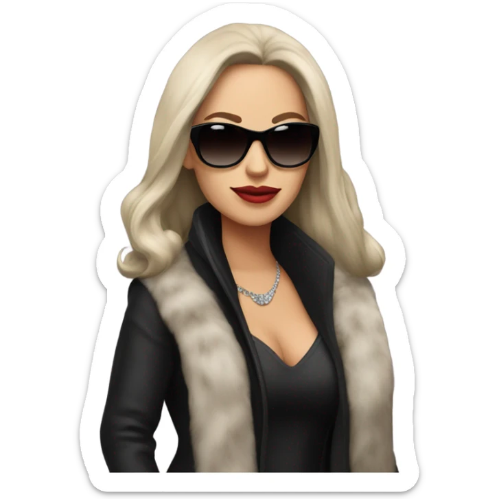 Beautiful long hair brunette mob wife with fur coat, black shirt and sunglasses sticker