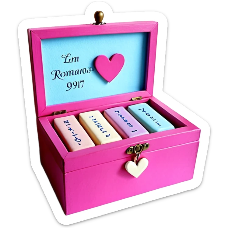 Una cajita rosa pastel con detalles fucsia, un recuadro crema con letras fucsias (Declaraciones de Fe – Exitosas con Dios – Romanos 4:17), corazones decorativos con palabras y un corazón azul con el número 99 arriba. sticker