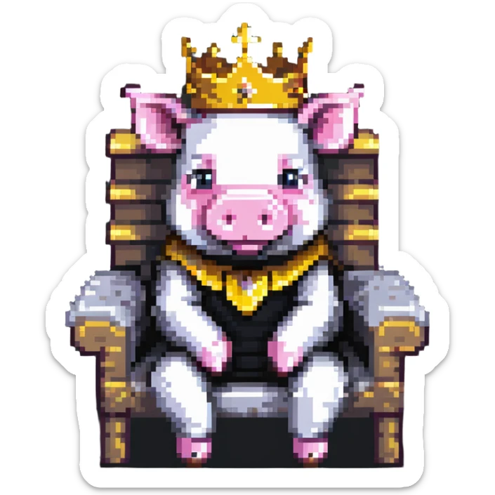 cartoon-like pixel art pig with a golden crown sitting on a throne, blocky and square like Minecraft, playful and expressive sticker