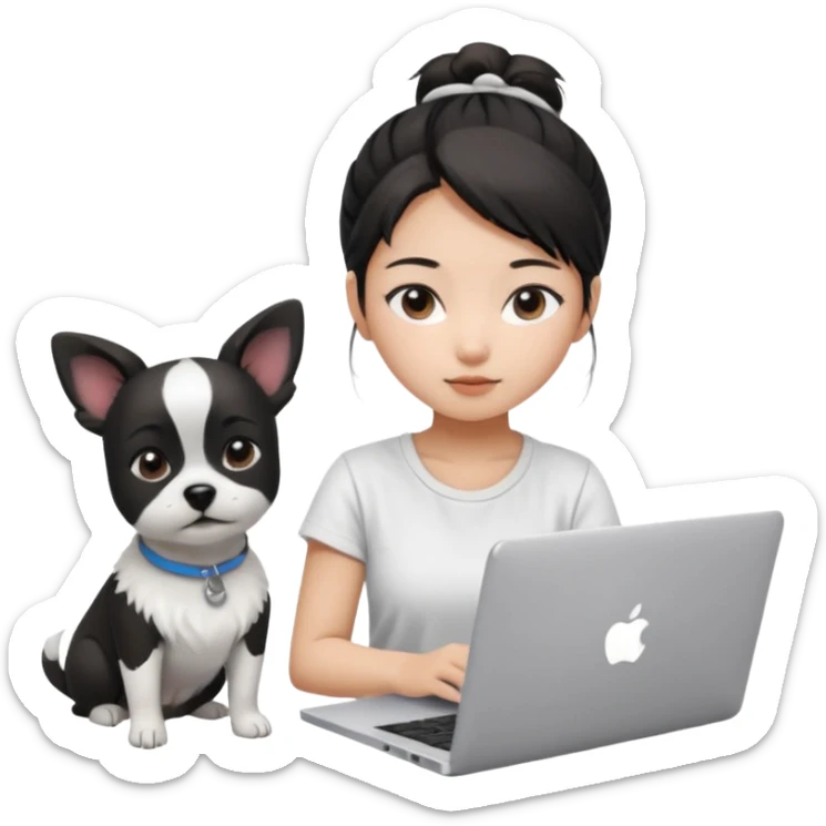Asian girl with messy bun hair, wearing a white t-shirt, working on an Apple laptop, next to her is a small black and white dog sticker