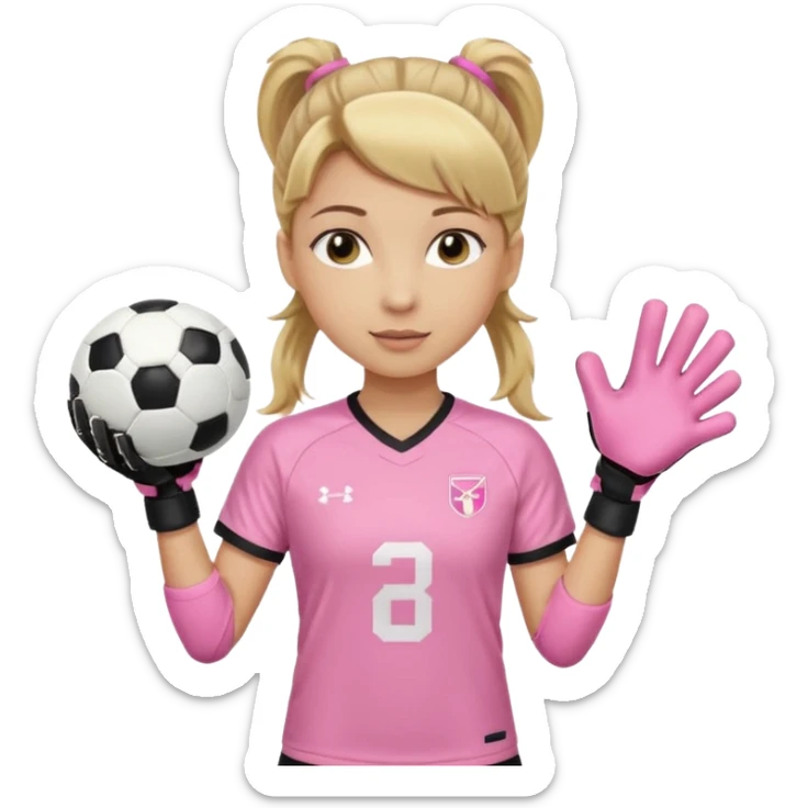 Make a dirty blonde football goalkeeper with goalkeeper gloves on holding a regular football. NOT AN AMERICAN FOOTBALK BALL. The girl is light skinned and wearing a light pink football. Wearing a ponytail with the dirty blonde. Make it without the whole body sticker