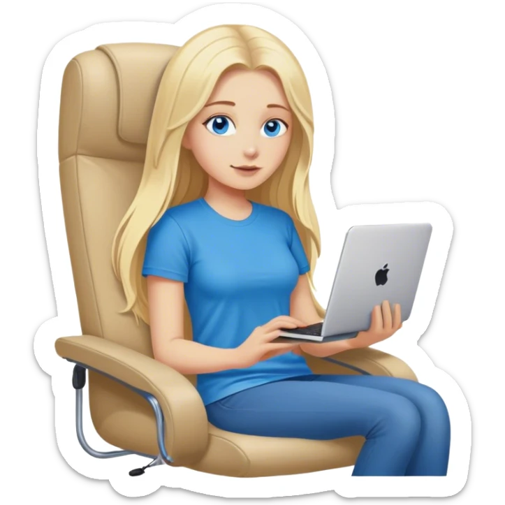 Cinematic realistic blonde with long hair, blue eyes, dressed in a T-shirt, sits in an easy chair with a computer on her lap, in a cozy atmosphere sticker