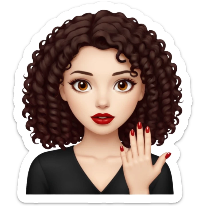 girl, really dark brown hair, curly hair, dark brown eyes, pale skin, dark red lips, medium hair, showing her red nails baddie sticker