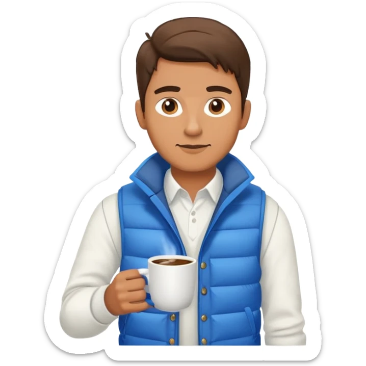 full body man wearing long sleeve white shirt with blue puffy winter vest holding a cup of coffee in front of him sticker