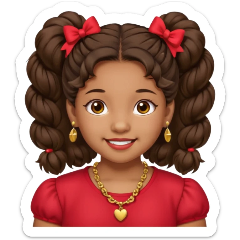Brownskin girl dark brown hair fluffy. pigtails with red bows brown eyes smiling closed mouth red shirt gold esrrings gold necklace sticker