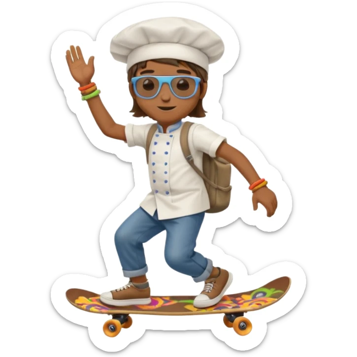 ["A happy boy with brown skin, straight hair, wearing a chef hat and sunglasses, dressed in hippie fashion, is skateboarding while holding a backpack."] sticker