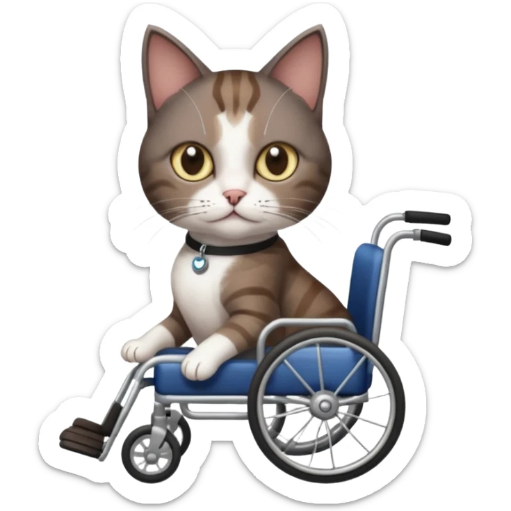 full body small short hair dark brown and white cat with hazel eyes walking in a wheelchair for cats sticker