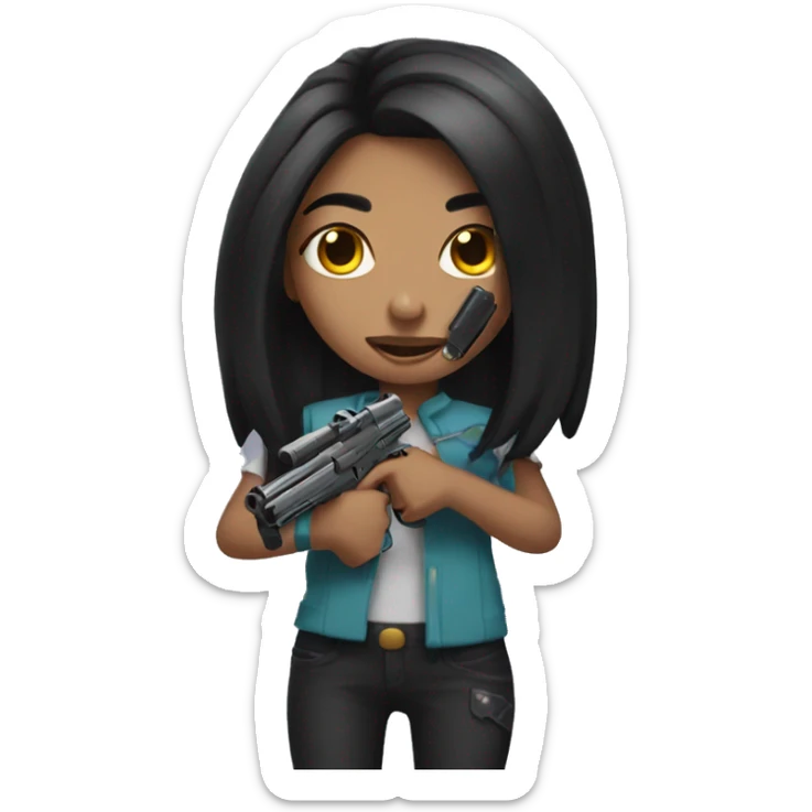 Girl with long black hair and grillz holding 2 guns sticker