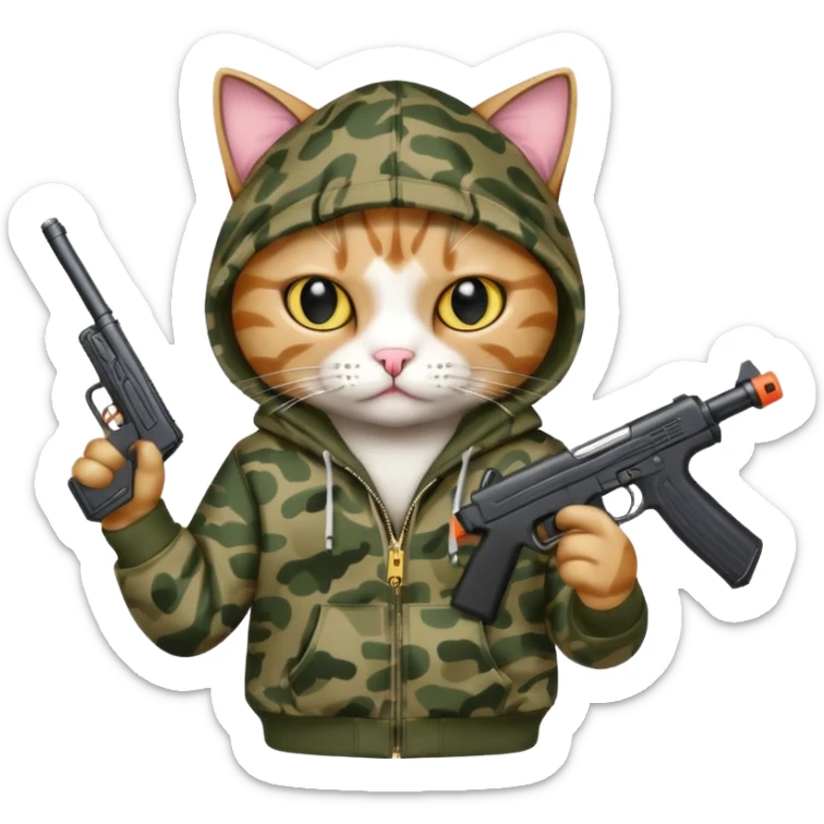 A gangster cat wearing a bape hoodie with a BB gun sticker