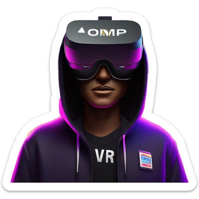 Donald Trump wearing a black hoodie with "OMG" letters on it and VR headset oculus quest 2 in a cyberpunk VR environment with violet neon lighting. sticker