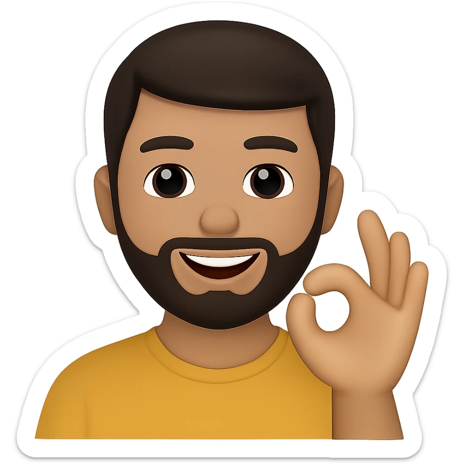 Edit the image to depict a smiling man showing the 'okey' gesture in the style of apple emojis with normalized, natural-looking fingers. Keep the apple emoji style but enhance finger naturalness and normalization. sticker