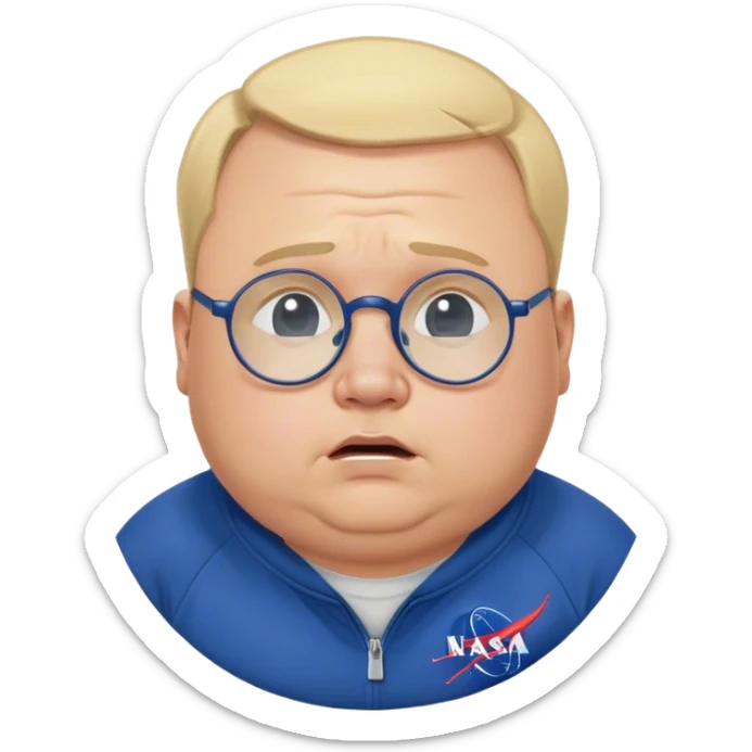 crying chubby salesperson, with blond short receding hairline, wears a dark blue nasa sweatshirt, nasa logo on the breast, round glasses, 40 years old sticker