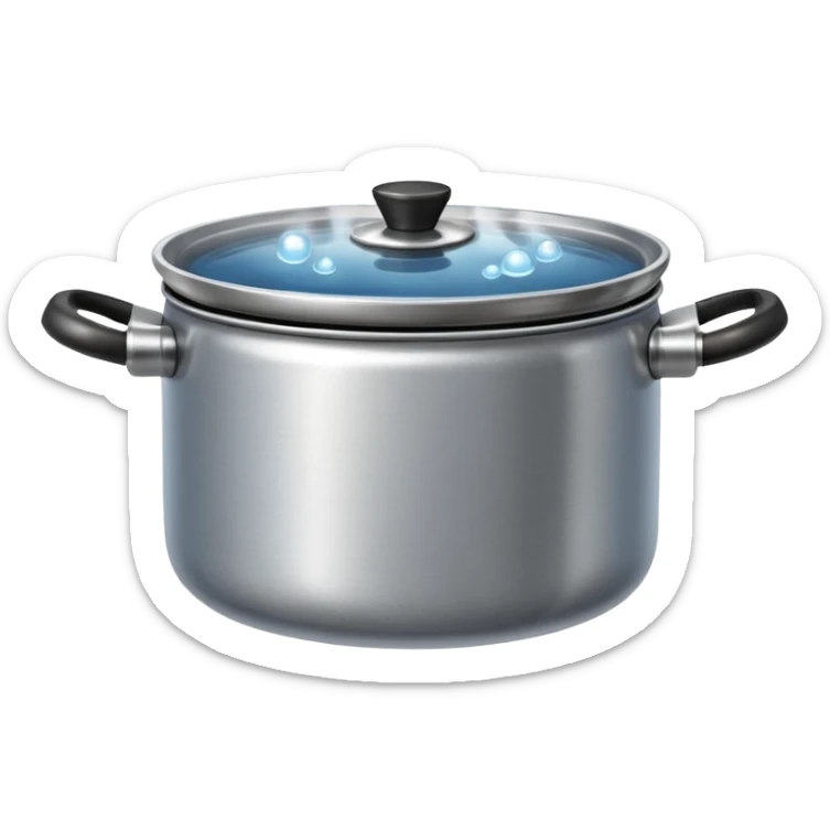 small metal pot filled with boiling water on a stove, visible hot steam and rising bubbles, realistic heat effect, shiny pot surface, bright lighting, clean white background

 sticker