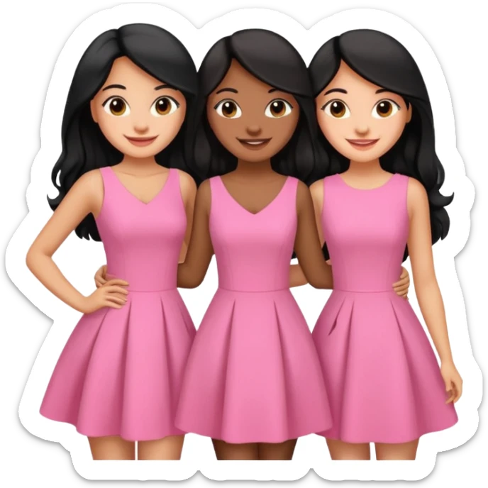 3 besties with professional glammed up looks wearing pink, medium skin tone smiling big with black long hair  sticker