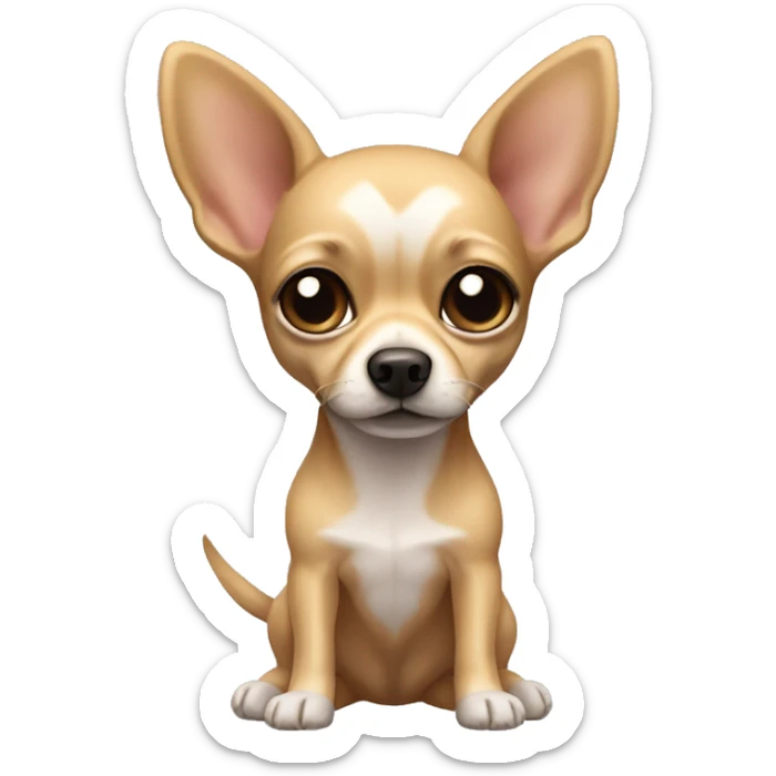 Blonde chihuahua (no white markings) with short hair, big ears, and long legs with a teddy bear sticker