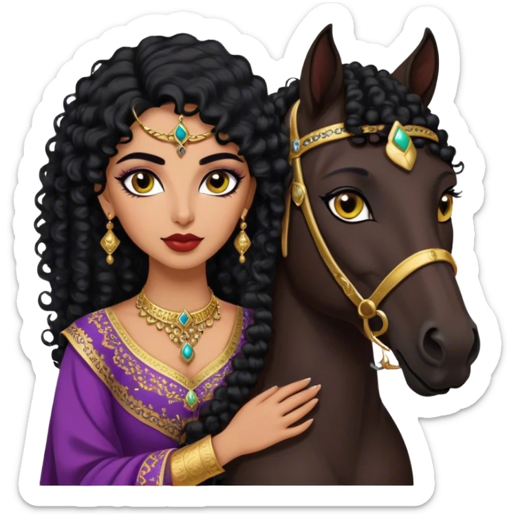 Middle Eastern woman with black curly hair and well defined eyebrows and full lips and black cat eyeliner long lashes  wearing a traditional dress holding into a Arabic horse  sticker