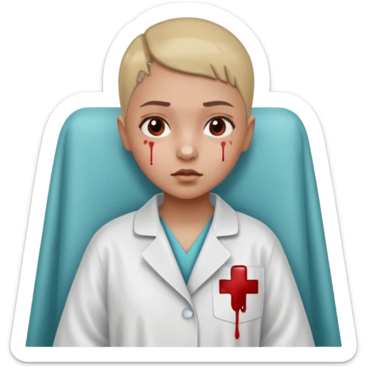 A nine year old girl that is wearing a hospital bed coat that has a buzz cut and her nose is bleeding sticker