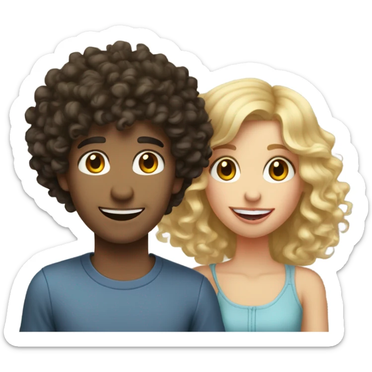Dark curly haired shorter girl with taller blond boy smiling with tongue out couple photo sticker