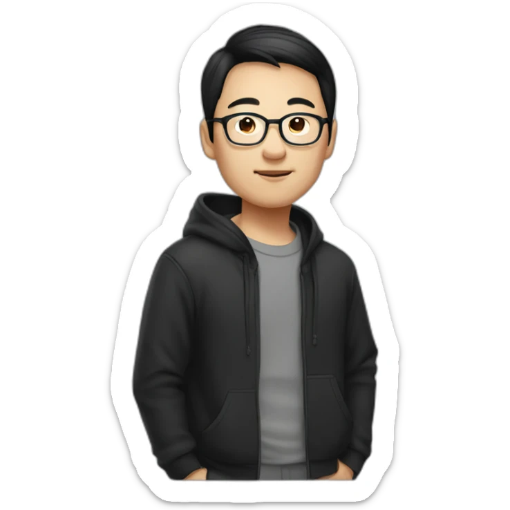 A mature Chinese boy with black hair and circle-shaped eyeglasses wearing black hoodie sticker