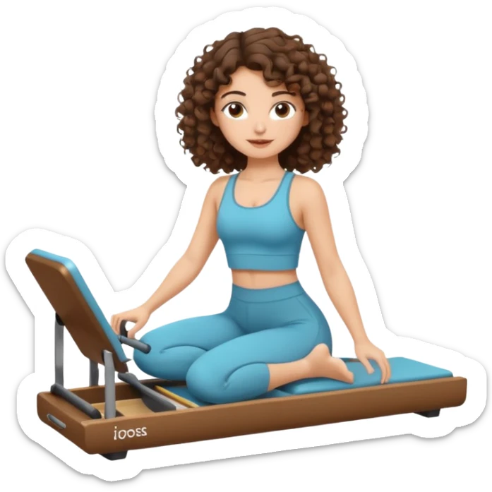 brunette,curly hair shoulder lenght,turkish 3b girl doing reformer pilates with cute set, sticker