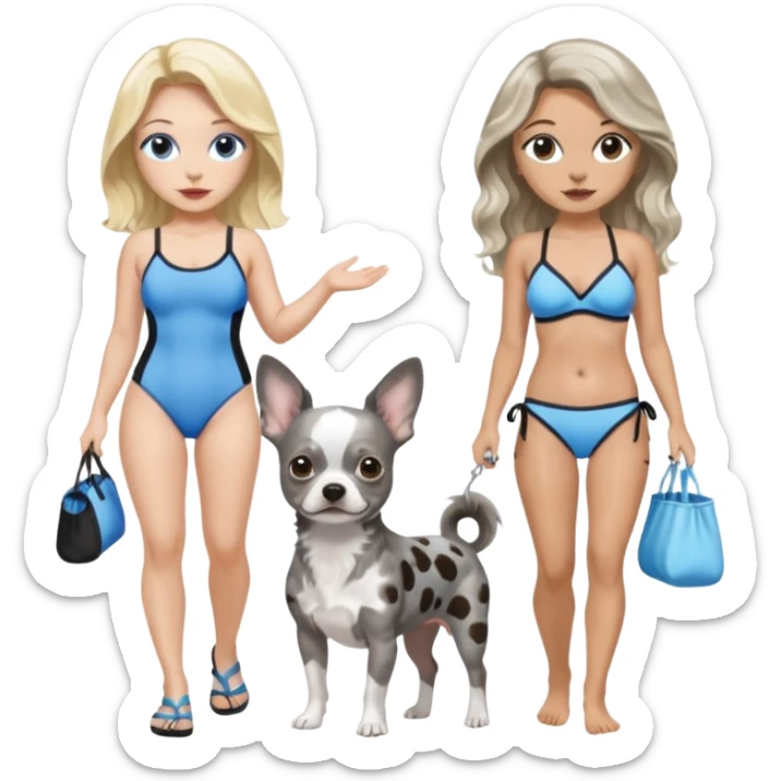 2 pretty women in bathing suits, hazel eyed light skin with dark brown wavy long hair, walking a blue and gray spotted Merle Frenchie the other blue eyed light skin long blonde hair with black chihuahua  sticker