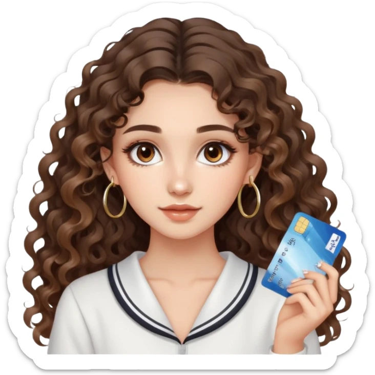 cute girl long brunette balayage curly/wavy not voluminous hair, brown eyes, hoop earrings, natural pretty clean makeup: with a pile of salt and a credit card sticker