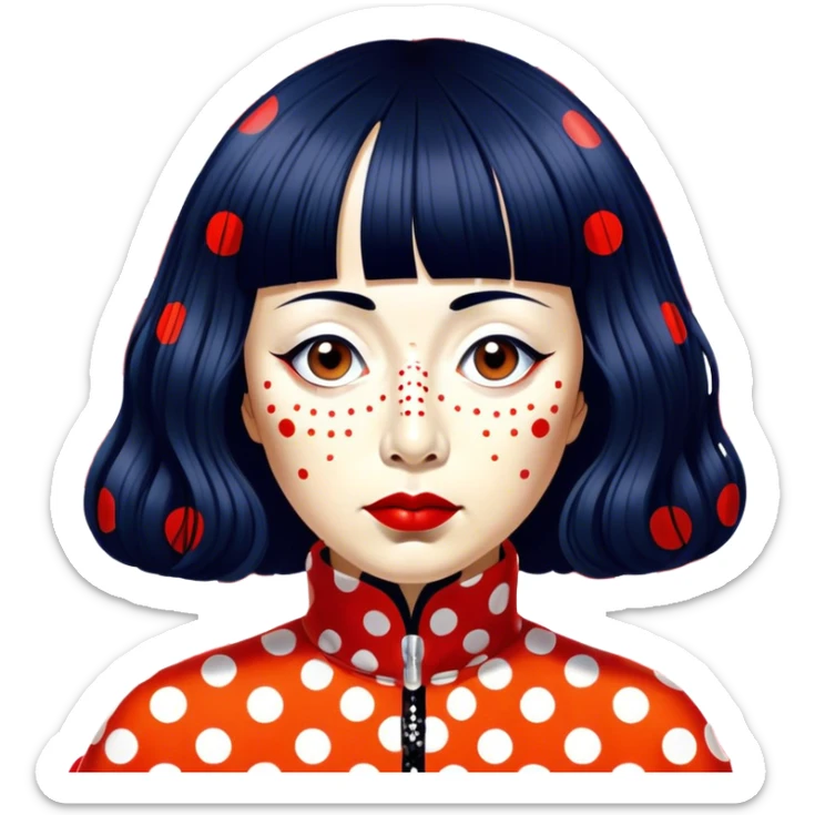 Yayoi Kusama – Cinematic Realistic Portrait of Yayoi Kusama, depicted as an avant-garde artist with an eccentric, captivating expression surrounded by her iconic polka dot patterns, rendered with vivid textures and imaginative lighting that evokes her unique, surreal creative world. sticker
