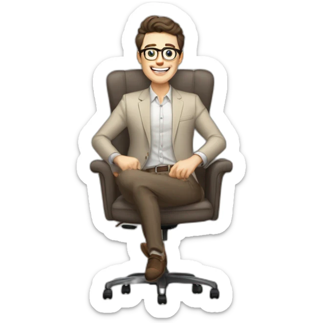 Joyful Celebrating victory Pale skinned Fit Man With dark brown hair in gray jacket, beige office shirt, Brown pants and vintage glasses sitting In a soft chair sticker