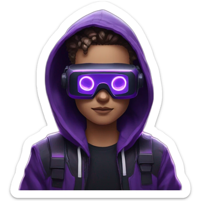 Cyberpunk style. Violet neon. boy with white-light skin in the black hoody with violet OMG VR logo on it wearing vr headset oculus quest 2 sticker