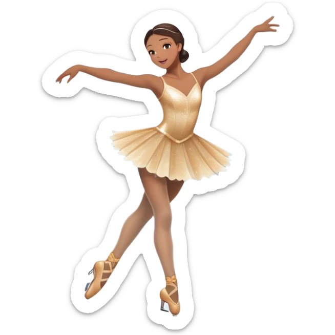 An icon showing a graceful figure skater mid-spin on a sparkling ice rink, wearing an elegant costume. The background features festive arena lights, snowflakes, and cheering spectators. Transparent background captures the beauty, artistry, and elegance of figure skating. sticker