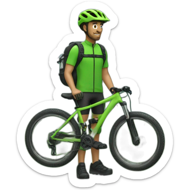 Mountain biker adulto. Sin mochila, con bicicleta de color verde, y con ropa de color negra sticker