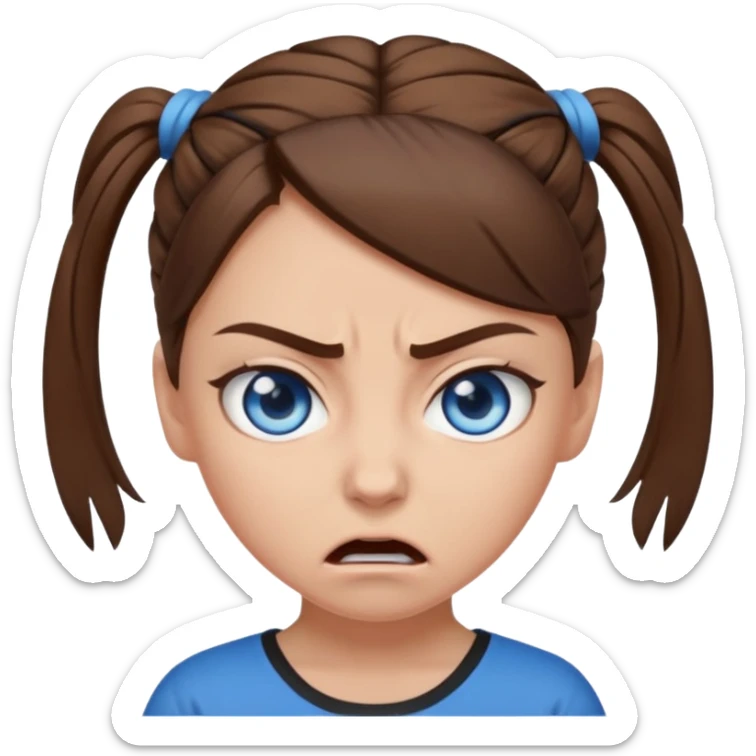 girl with blue eyes, brown hair tied up, angry sticker